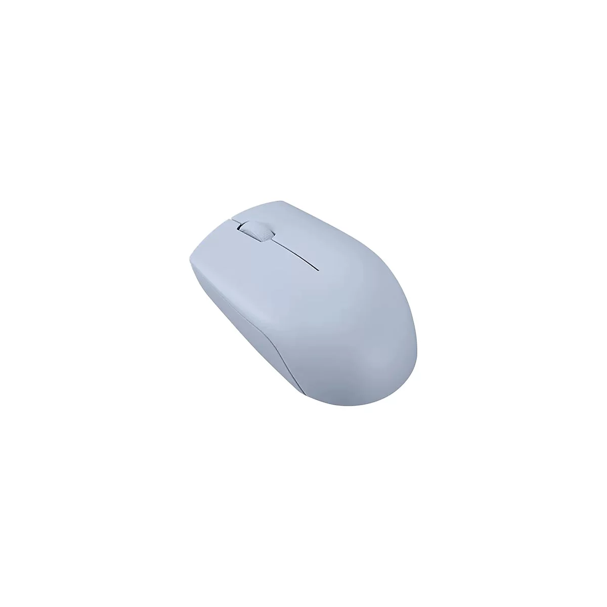 Eine minimalistische, hellgraue kabellose Computermaus auf weißem Hintergrund.