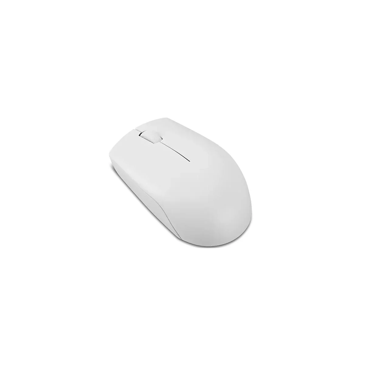 Eine minimalistische, weiße kabellose Computermaus aus Kunststoff vor weißem Hintergrund.