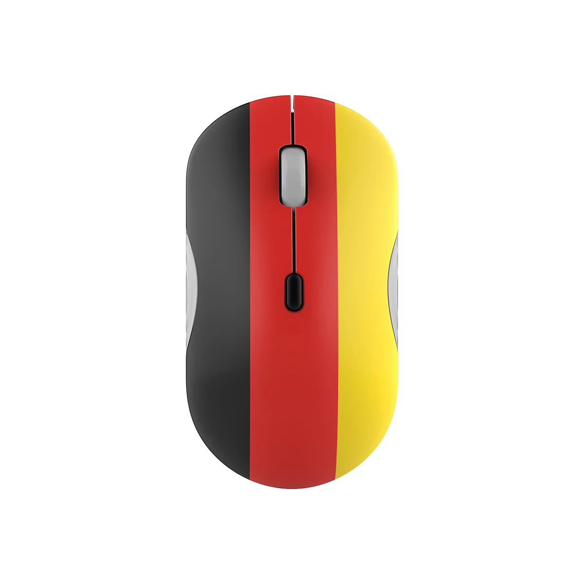Draufsicht einer kabellosen Computermaus im Design der deutschen Flagge (schwarz-rot-gold).