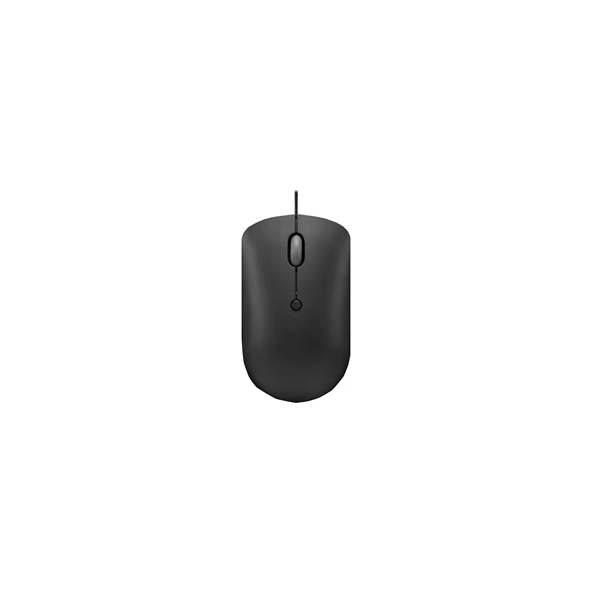 Schwarze Computermaus mit Kabel. Zwei Tasten und ein Scrollrad.