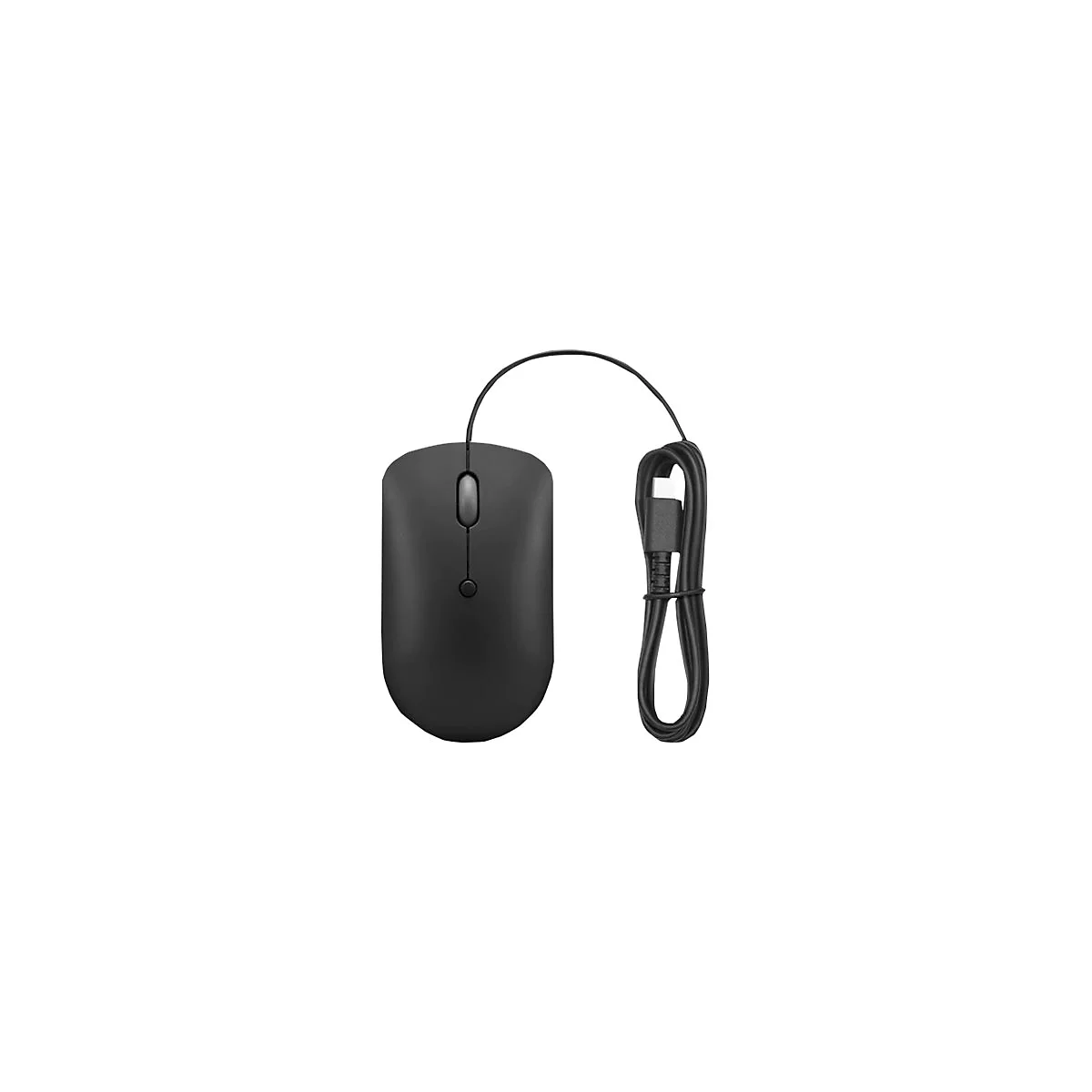 Schwarze Computermaus mit Kabel und USB-C-Stecker. Oben ein Scrollrad, unten ein Knopf.