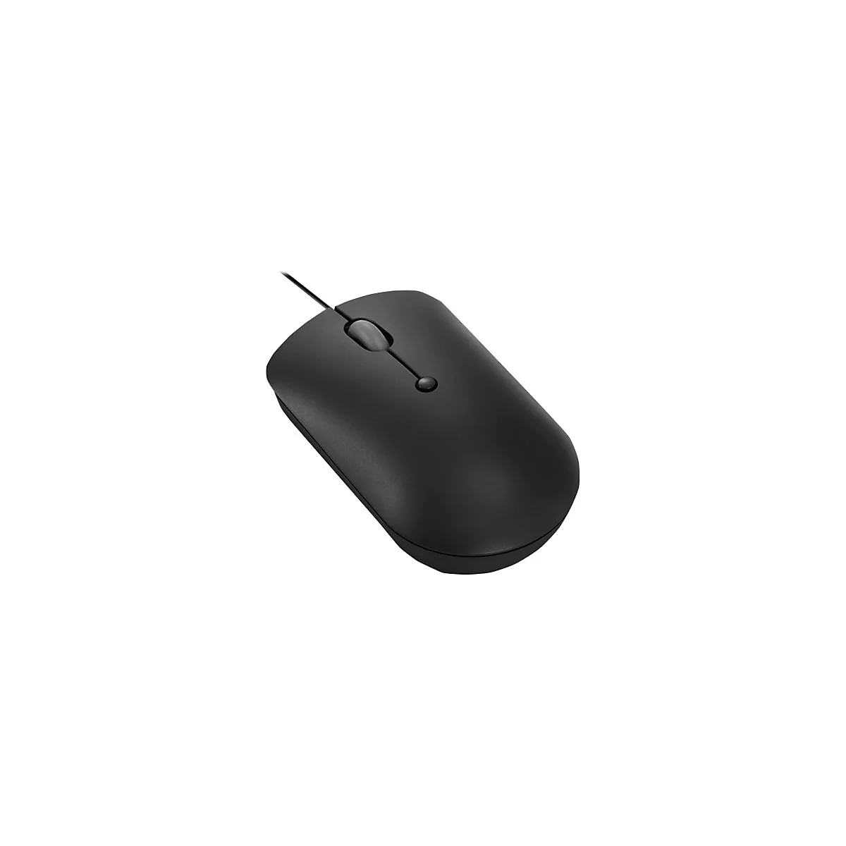 Schwarze Computermaus mit Kabel und Scrollrad, von oben fotografiert.