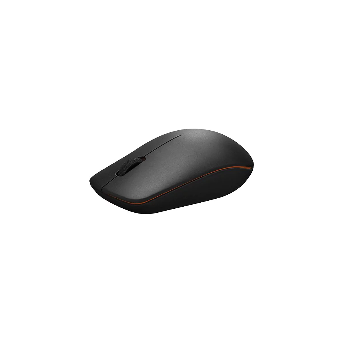 Schwarze, kabellose Computermaus mit mattem Finish und einem orangefarbenen Akzentstreifen.
