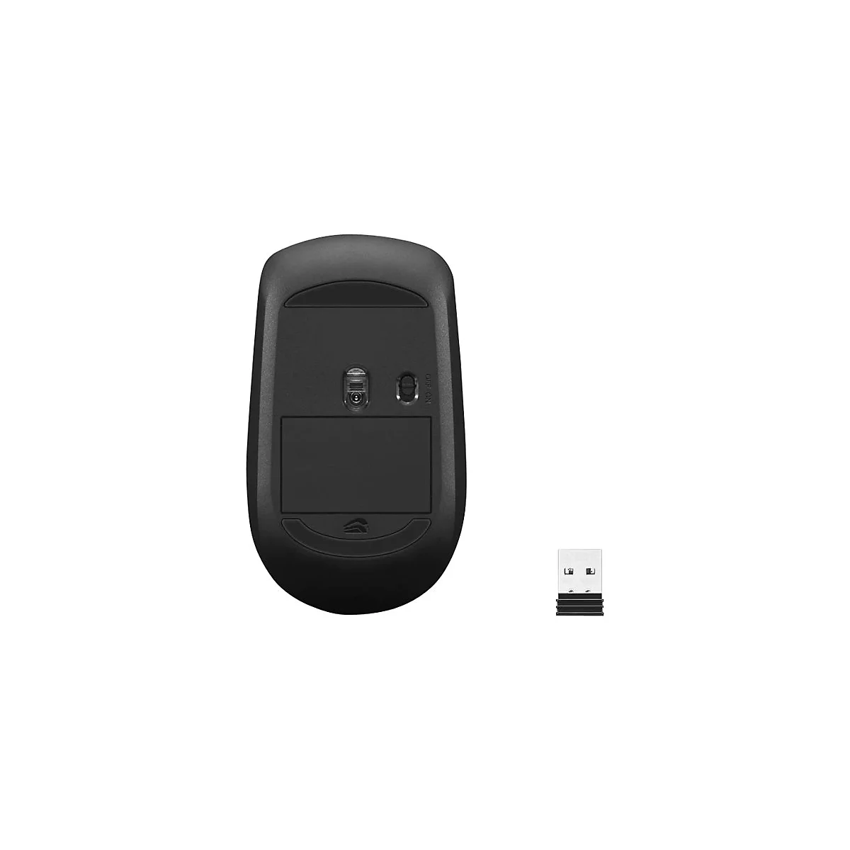 Unterseite einer schwarzen kabellosen Maus mit Batteriefach, Sensor und Ein-Aus-Schalter, daneben ein USB-Empfänger.