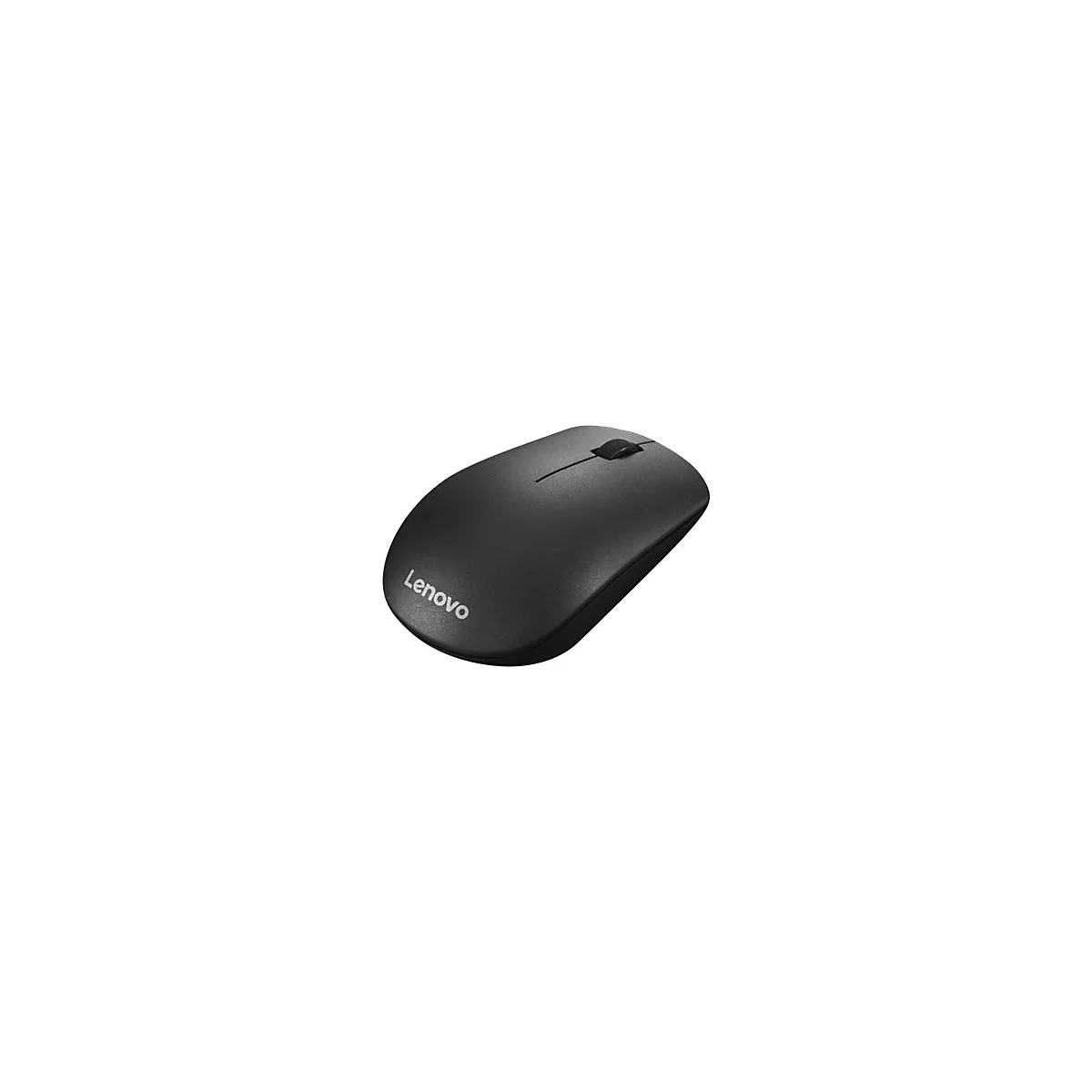 Schwarze kabellose Lenovo-Maus in der Draufsicht auf weißem Hintergrund.