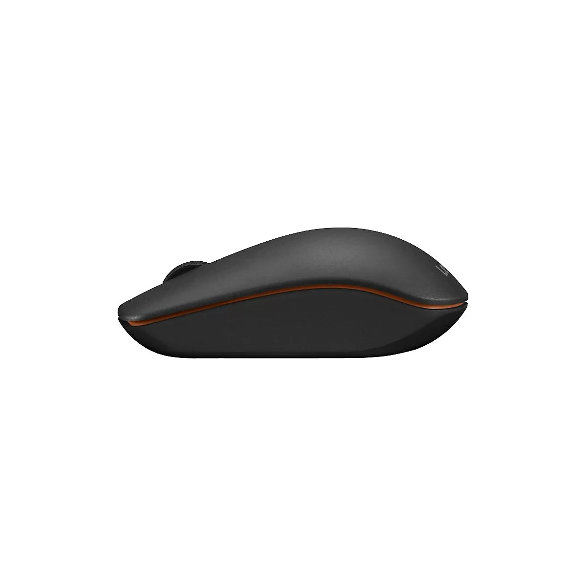 Schwarze kabellose Computermaus in Seitenansicht mit einem schmalen orangen Zierstreifen.