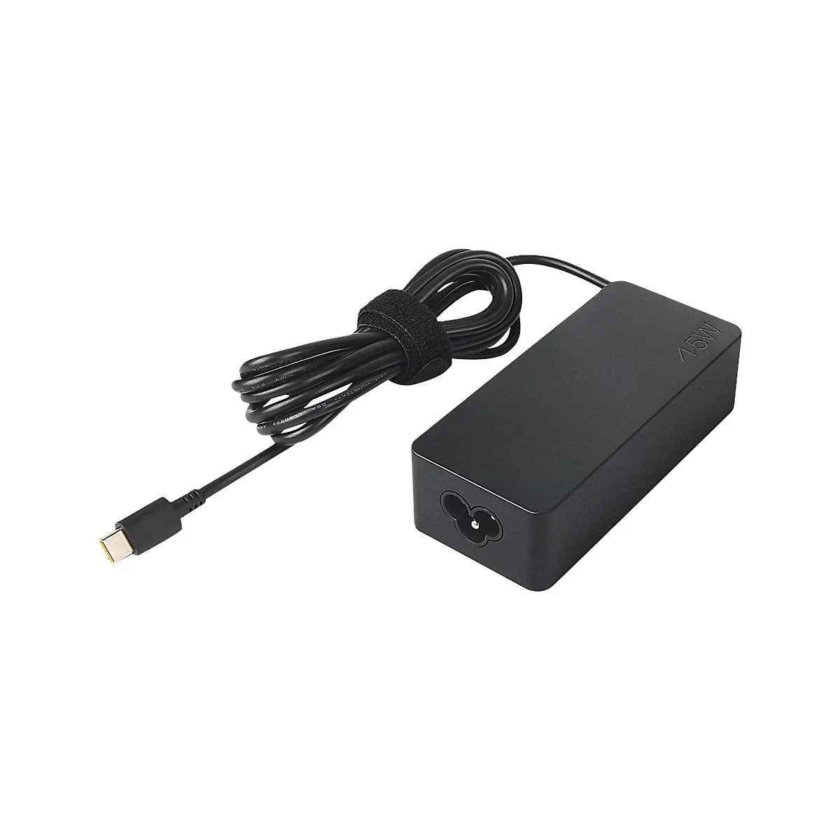Schwarzes Netzteil mit Kabel; Stecker, Netzteil mit Klettband befestigt.