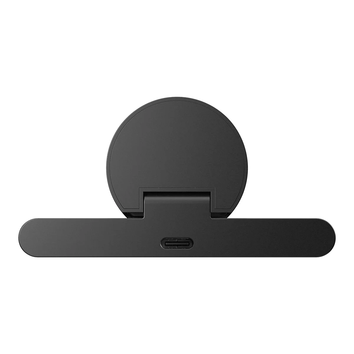 Schwarze, runde Ladestation mit einem horizontalen Sockel und einem USB-C-Anschluss, isoliert auf weißem Hintergrund.