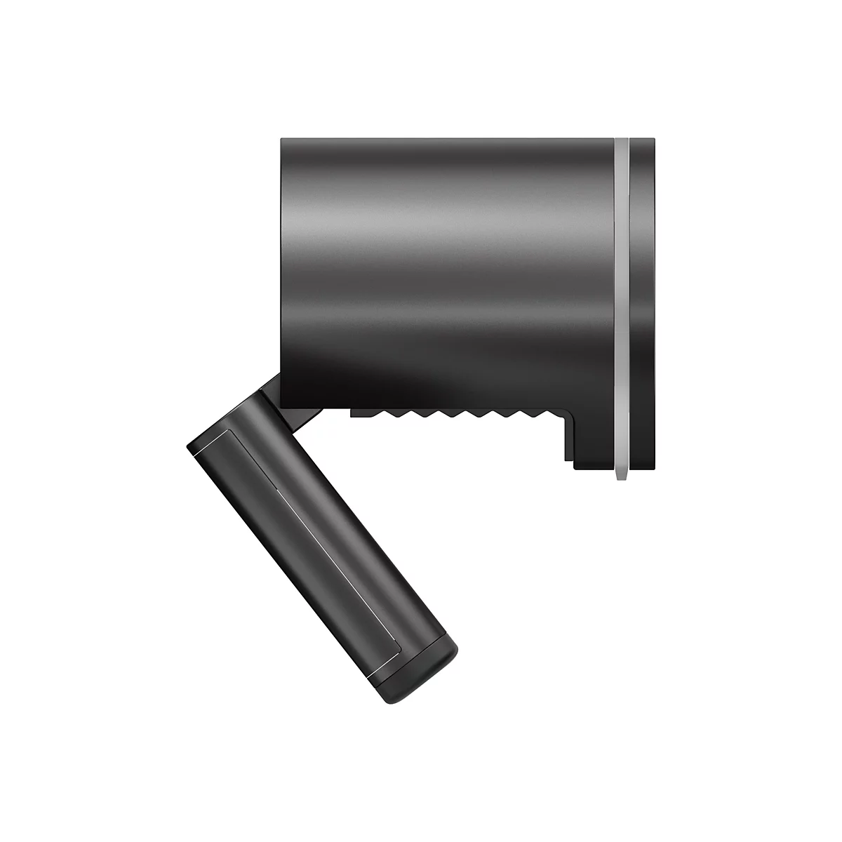 Lampe cylindrique gris foncé, partiellement inclinée, avec un long bras de lampe incliné sur fond blanc.