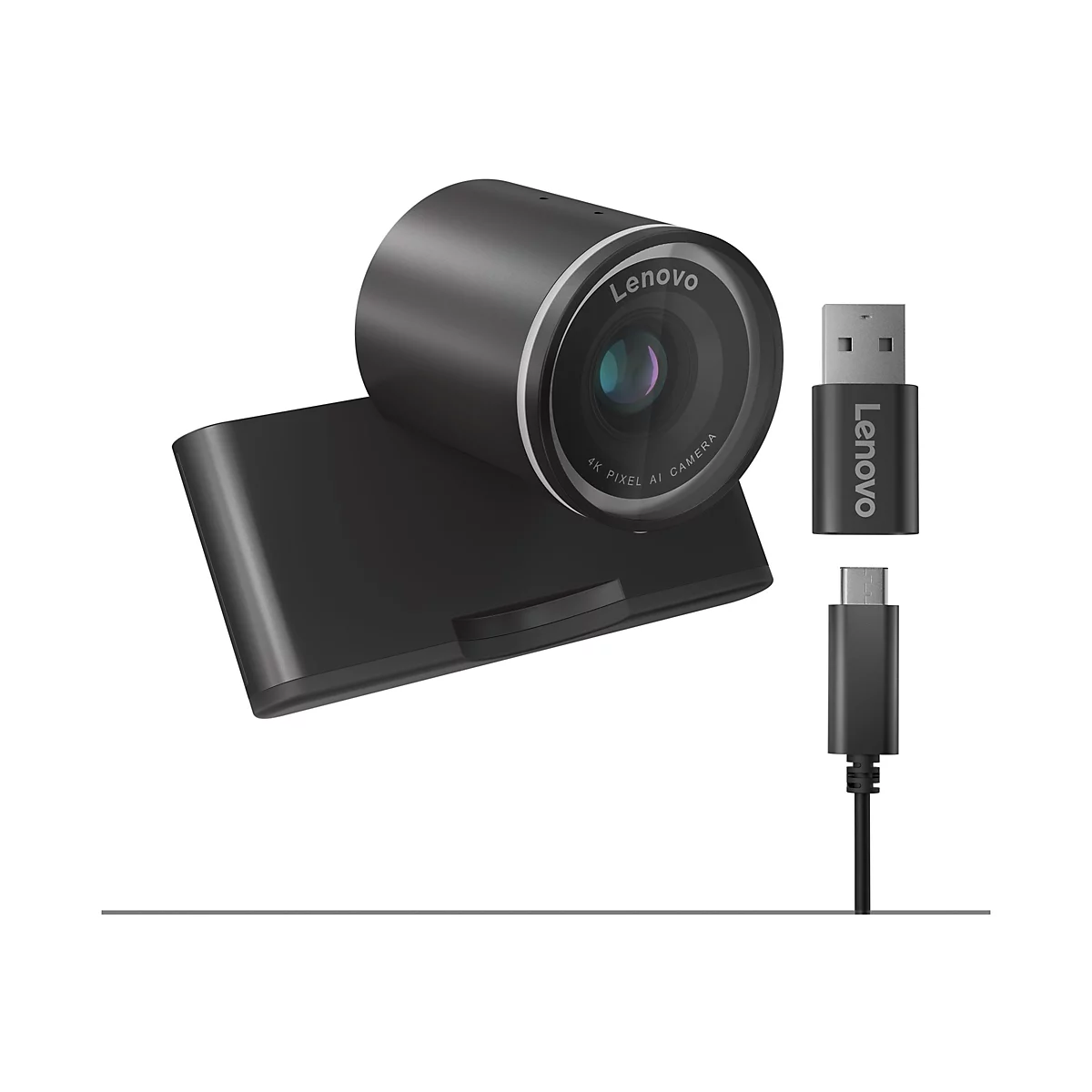Une webcam Lenovo noire avec logo et câble USB. La zone de l'objectif de la caméra est clairement visible.