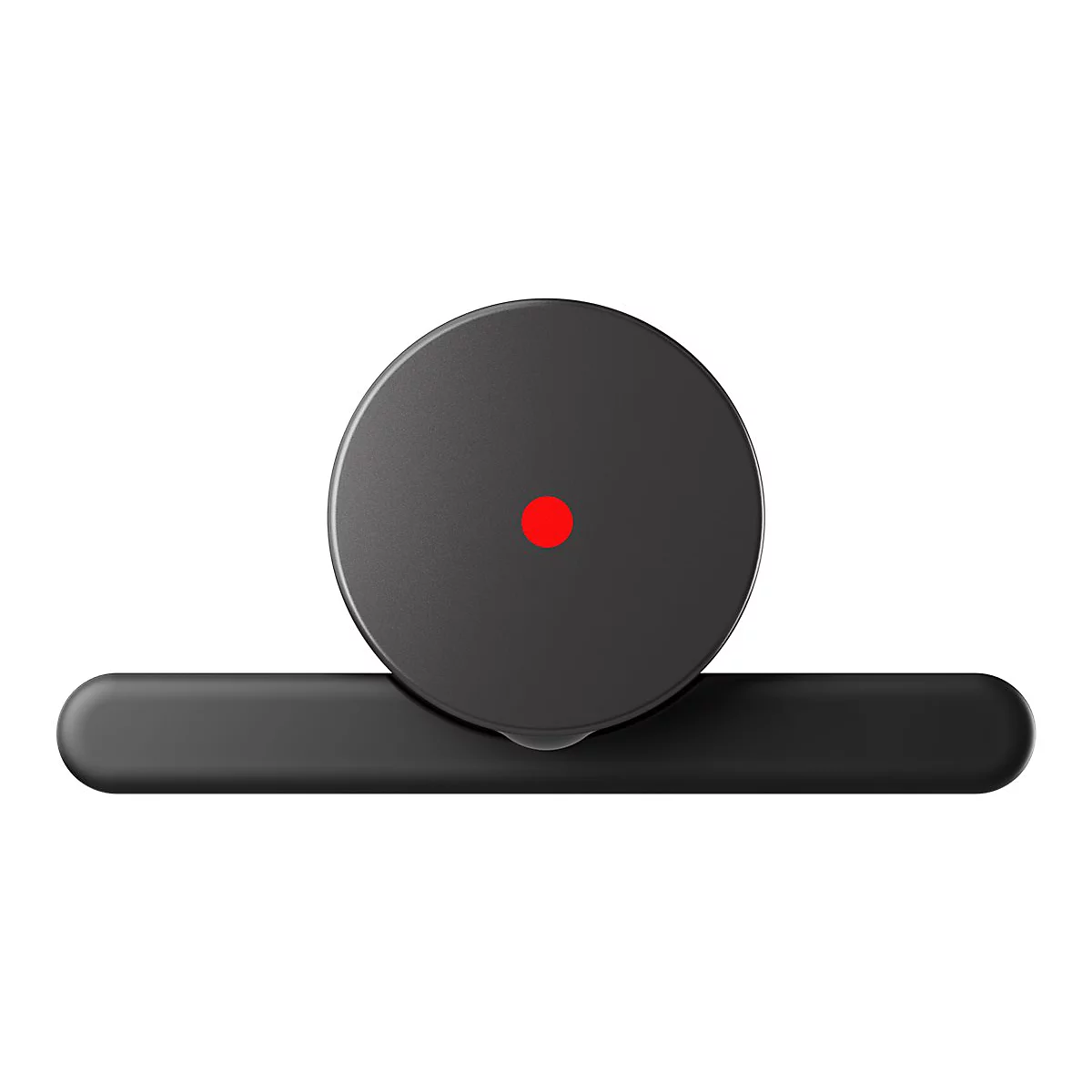 Un appareil noir et rond avec un point rouge et un élément noir allongé en dessous, isolé sur fond blanc.
