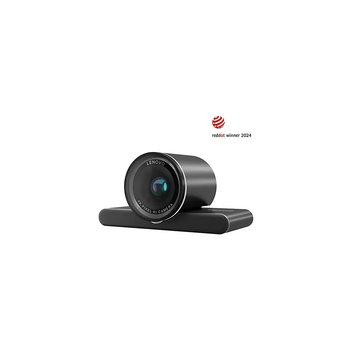 Webcam Lenovo noire, lentille circulaire avec inscription "4K Pixel AI Camera". Lauréat Red Dot 2024.