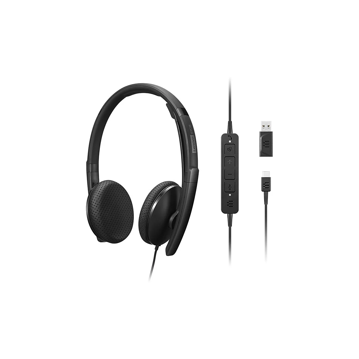 Casque noir avec câble et contrôle du microphone. A côté : connecteurs USB et USB-C.