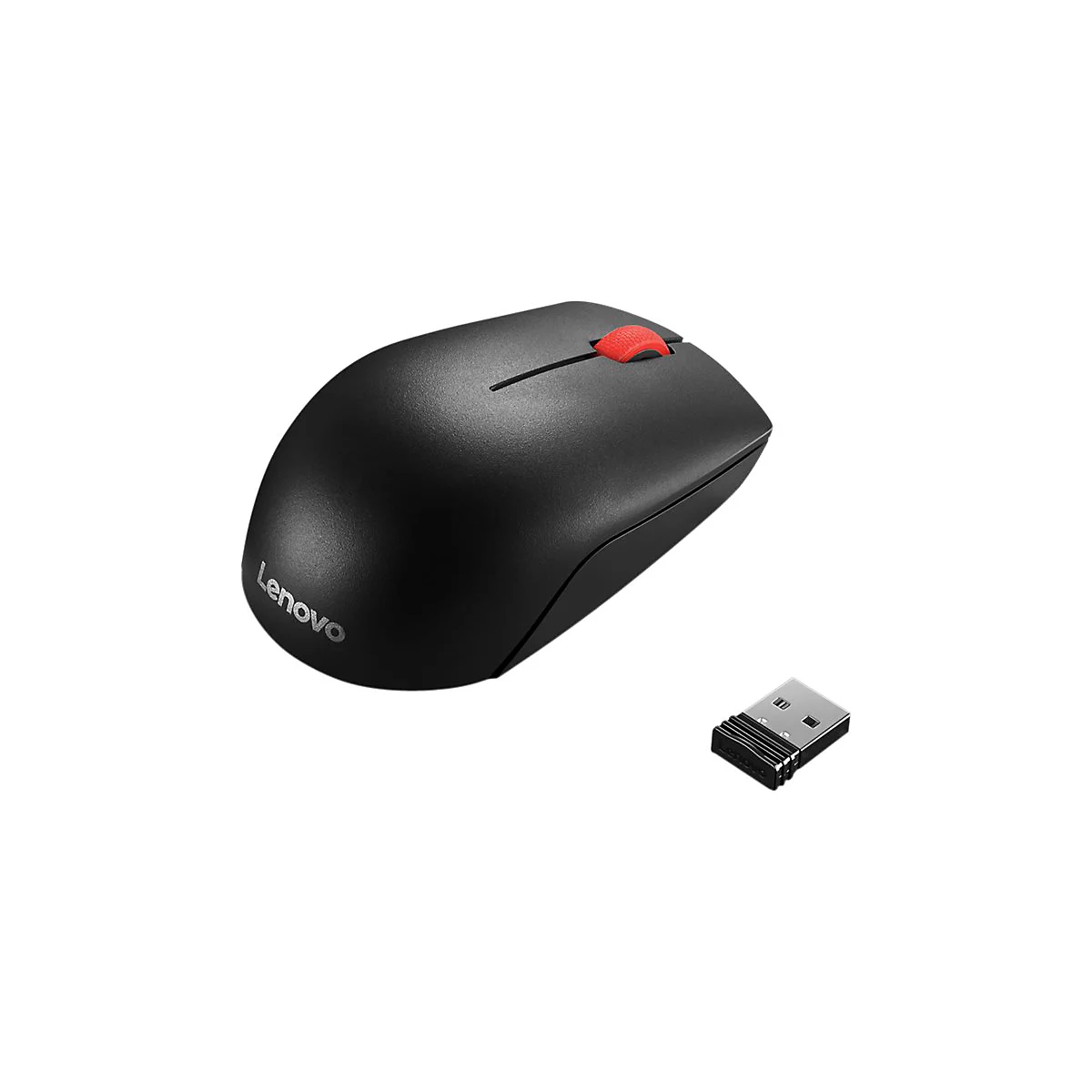 Souris Lenovo noire avec molette rouge et récepteur USB.