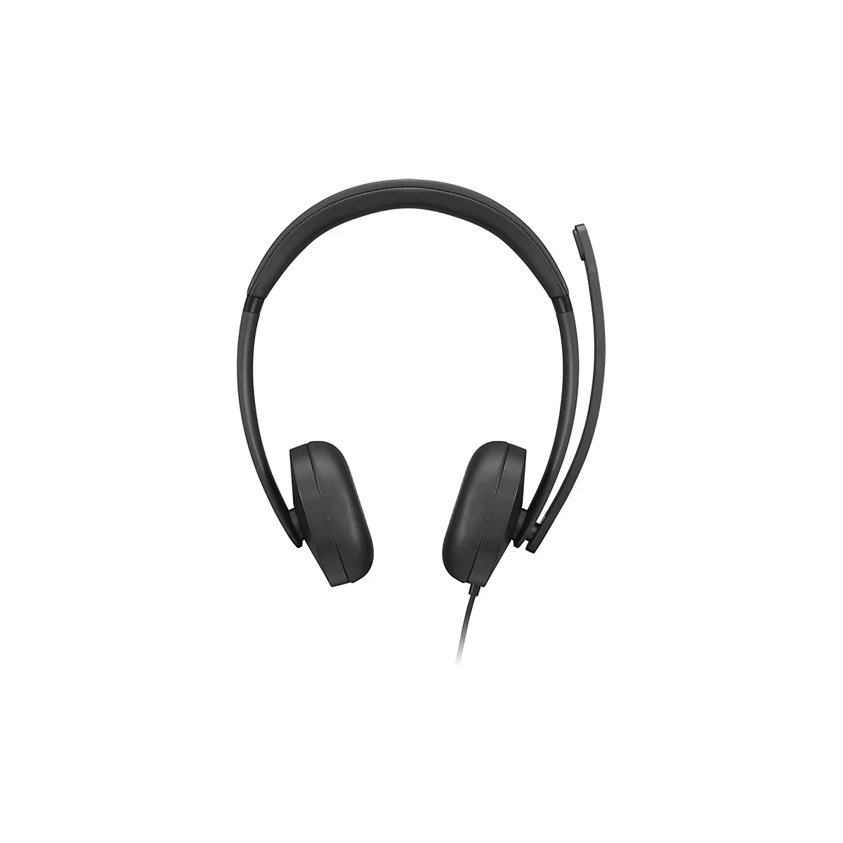 Schwarzes Headset mit Mikrofon auf weißem Hintergrund.