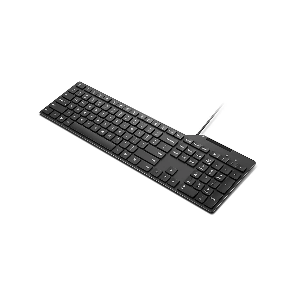 Schwarze, kabelgebundene Tastatur mit flachen Tasten in schräger Draufsicht vor weißem Hintergrund.