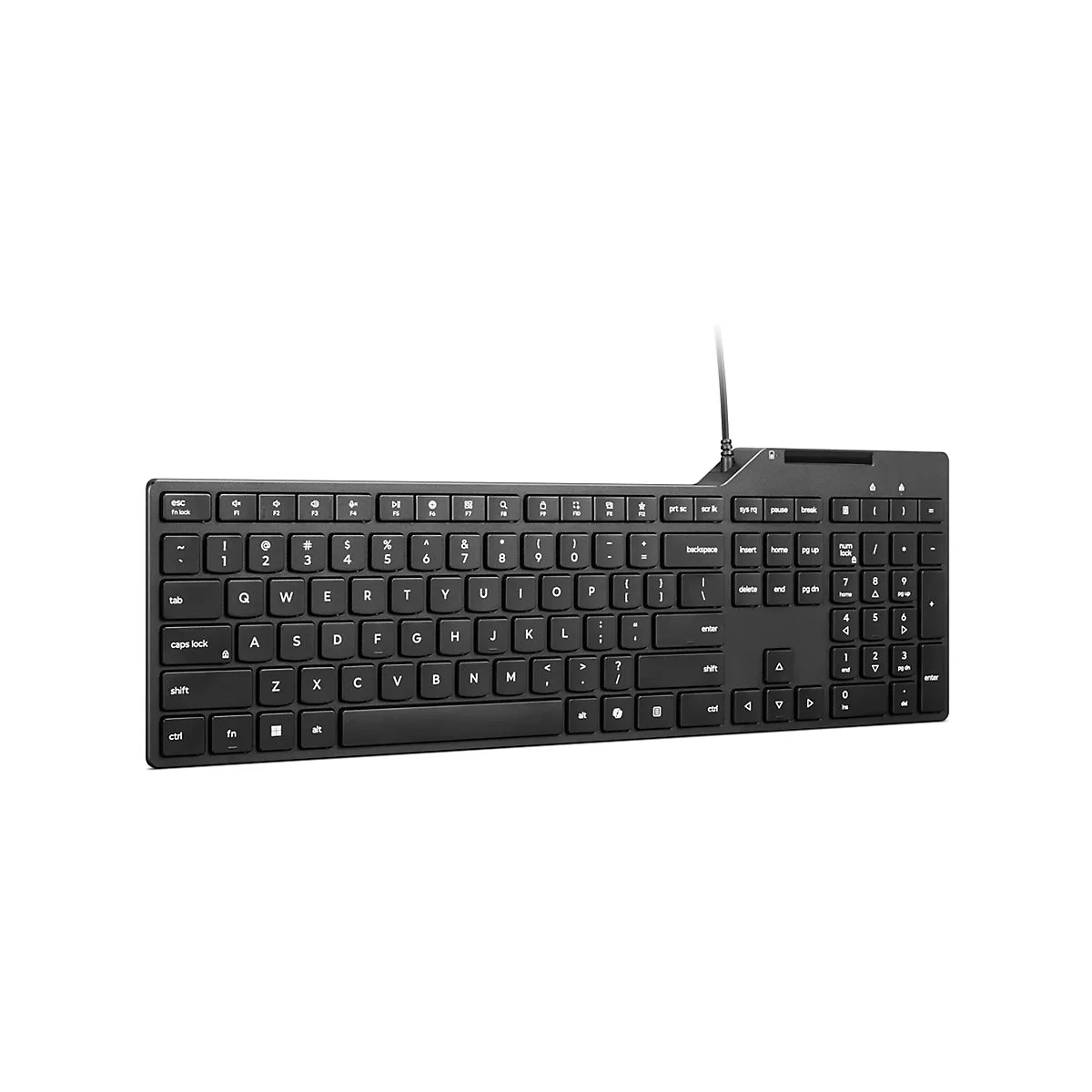Schwarze kabelgebundene Tastatur mit QWERTZ-Layout auf weißem Hintergrund.