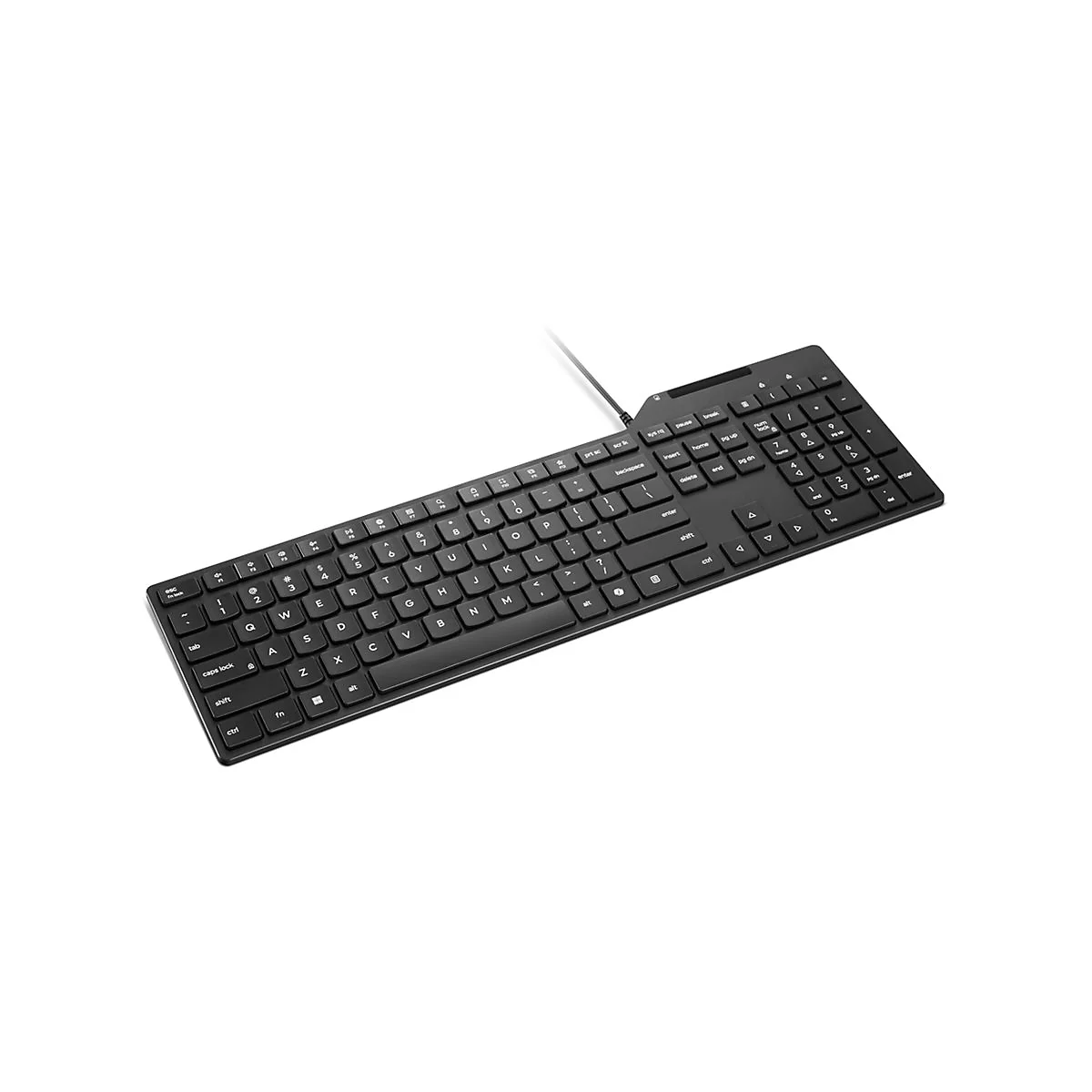Schwarze, kabelgebundene Tastatur im flachen Design mit QWERTZ-Tastenlayout vor weißem Hintergrund.