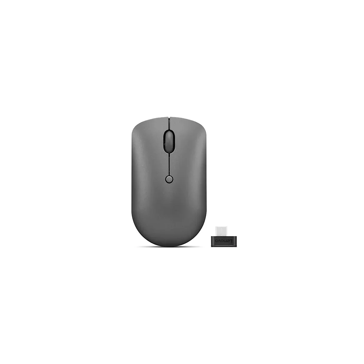 Dunkelgraue, kabellose Lenovo-Maus in Draufsicht mit USB-Empfänger auf weißem Hintergrund.