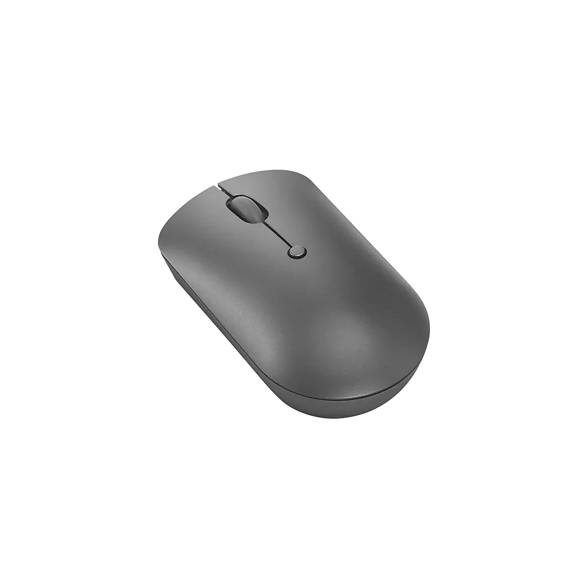 Dunkelgraue, minimalistische, kabellose Computermaus auf weißem Hintergrund.