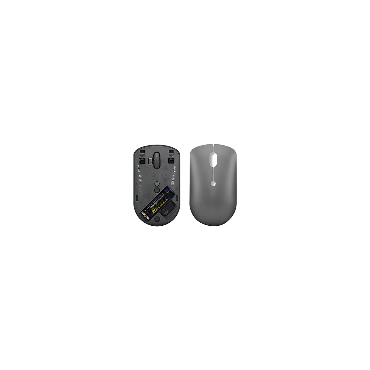 Drahtlose Maus, grauer Farbton, Ober- und Unterseite. Unterseite mit Batteriefach, 2 AA-Batterien sichtbar. Oberseite mit KnÃ¶pfen.