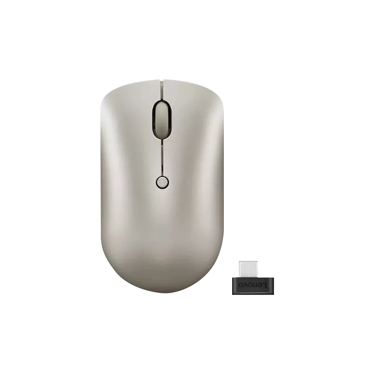 Eine elegante, sandfarbene Funkmaus von oben betrachtet, daneben ein kleiner USB-C-Empfänger mit Lenovo-Schriftzug.