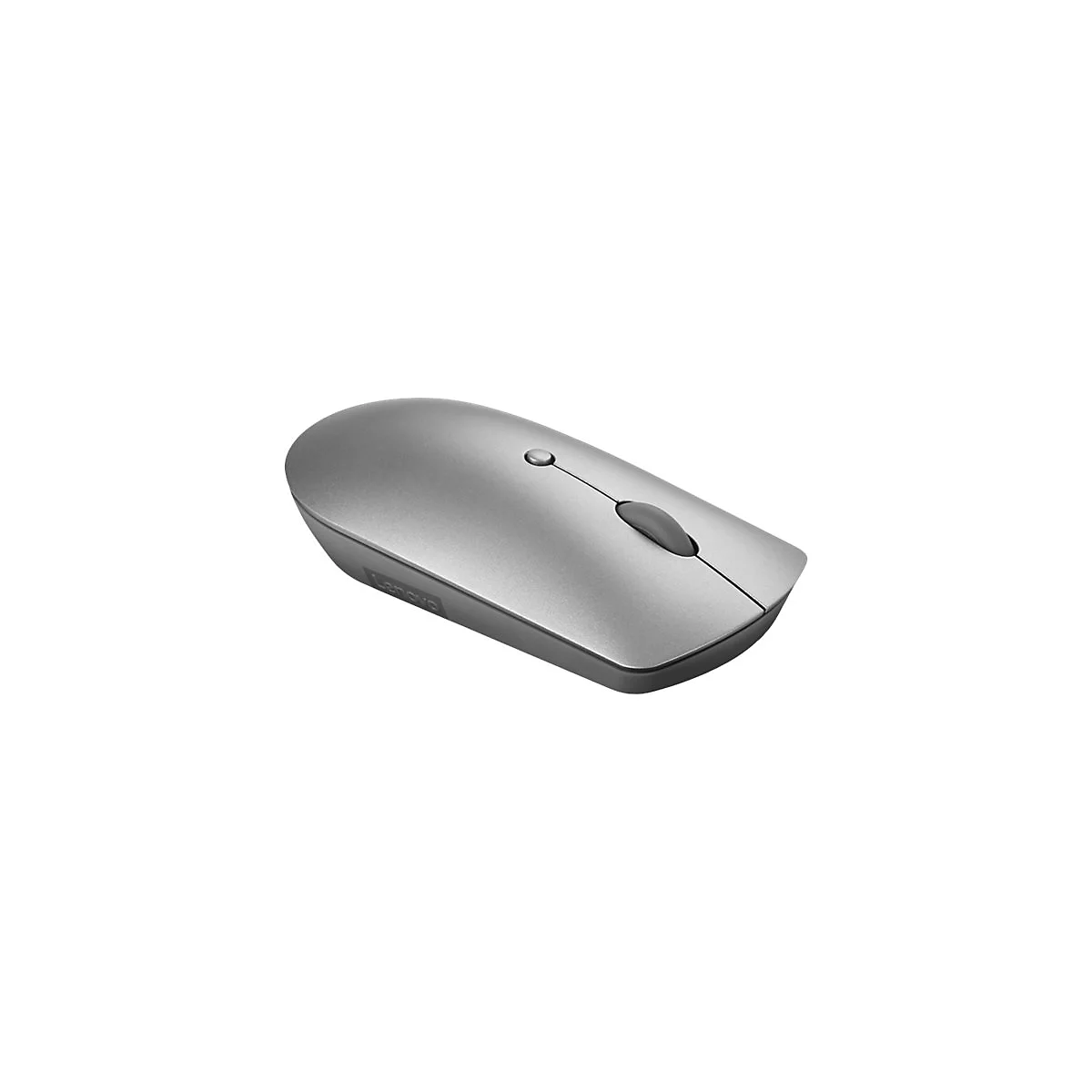 Silberne Lenovo-Funkmaus in schlichtem, modernem Design vor weißem Hintergrund.