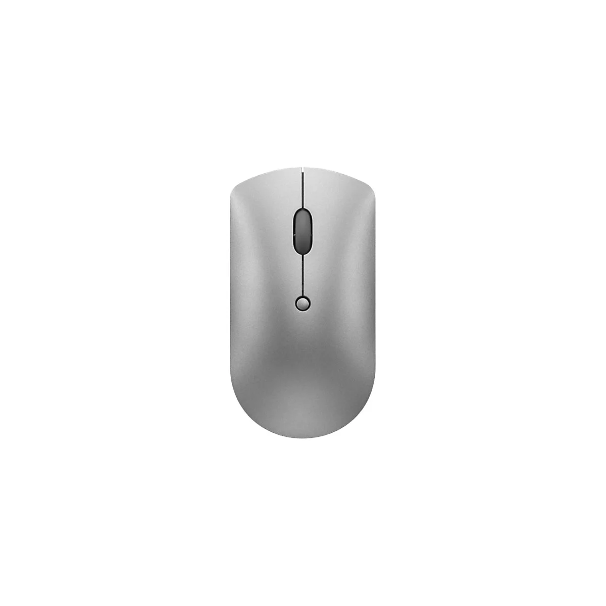 Silberne, minimalistische kabellose Computermaus vor weißem Hintergrund.