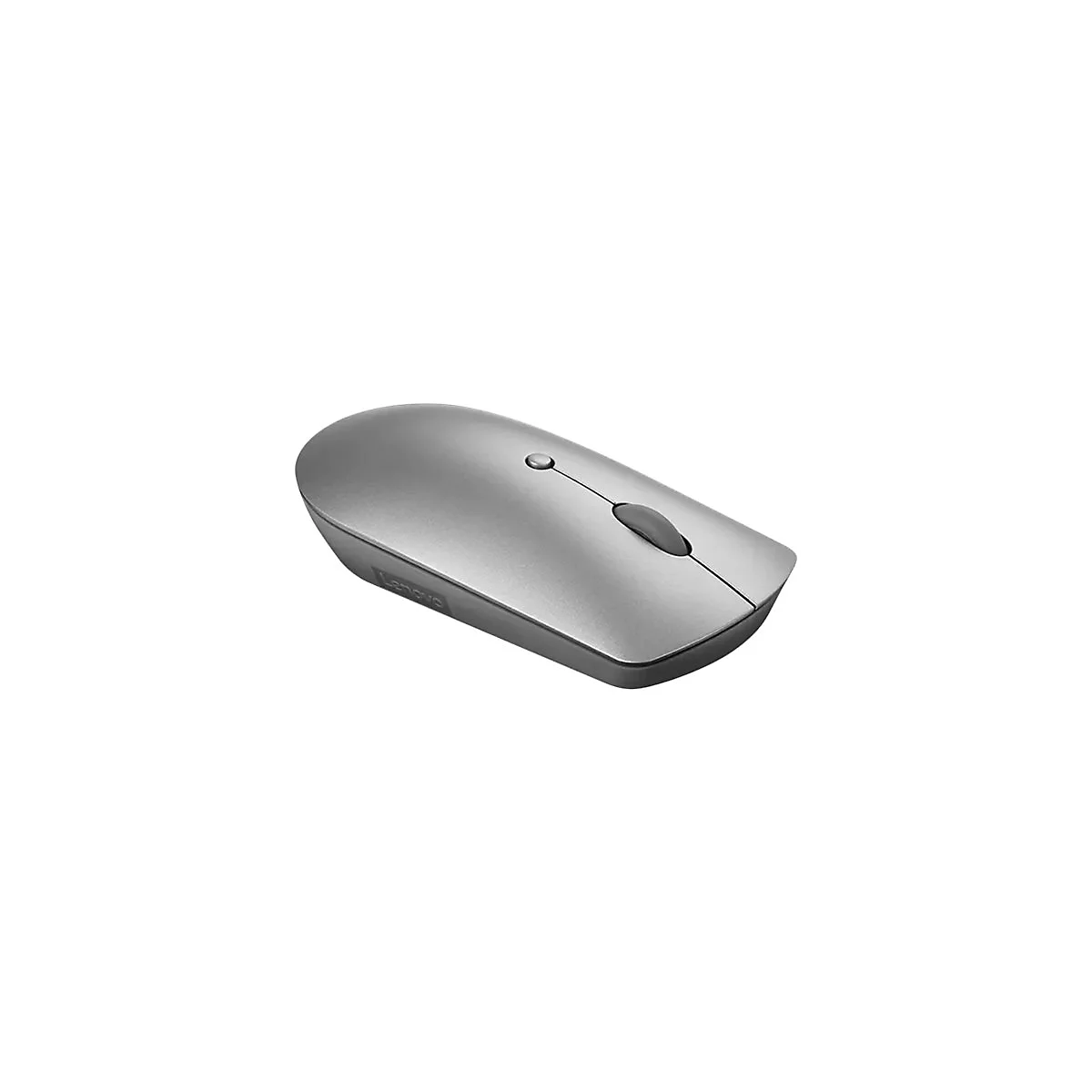 Silberne Lenovo Computermaus mit abgerundetem Design und grauem Scrollrad.