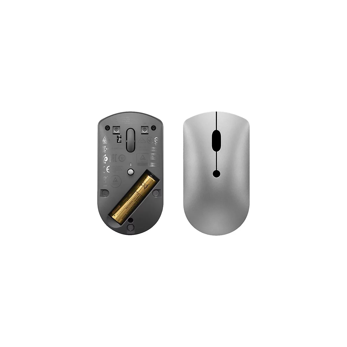Draufsicht und Unterseite einer silbernen, minimalistischen Computermaus mit eingelegter Batterie.