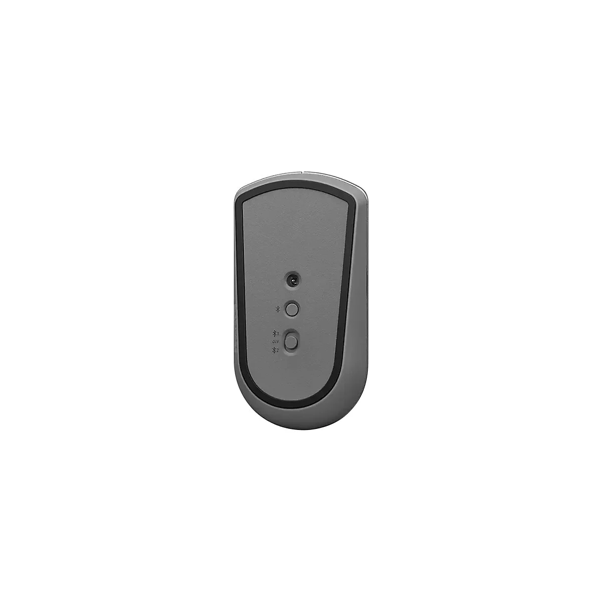 Unterseite einer grauen Computermaus mit Sensor, Bluetooth-Taste und einem Wahlschalter für zwei Geräte.