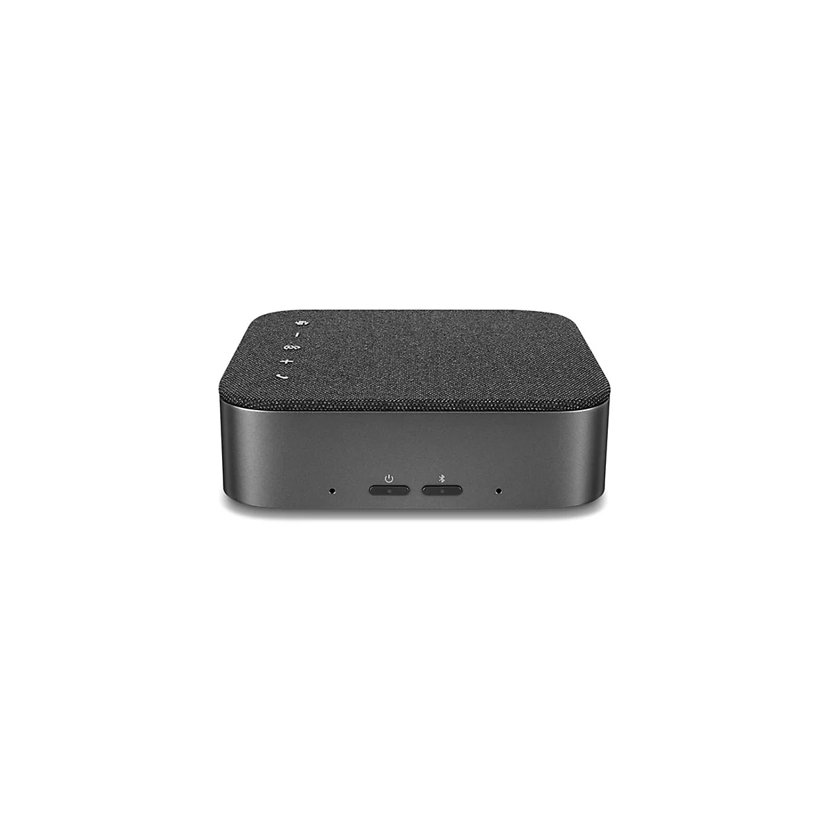 Dunkler Lautsprecher, rechteckig, mit grauer Textiloberfläche, darunter dunkelgraues Gehäuse. Oberseite: Bedienelemente, Gehäuse: Power- und Bluetooth-Tasten.