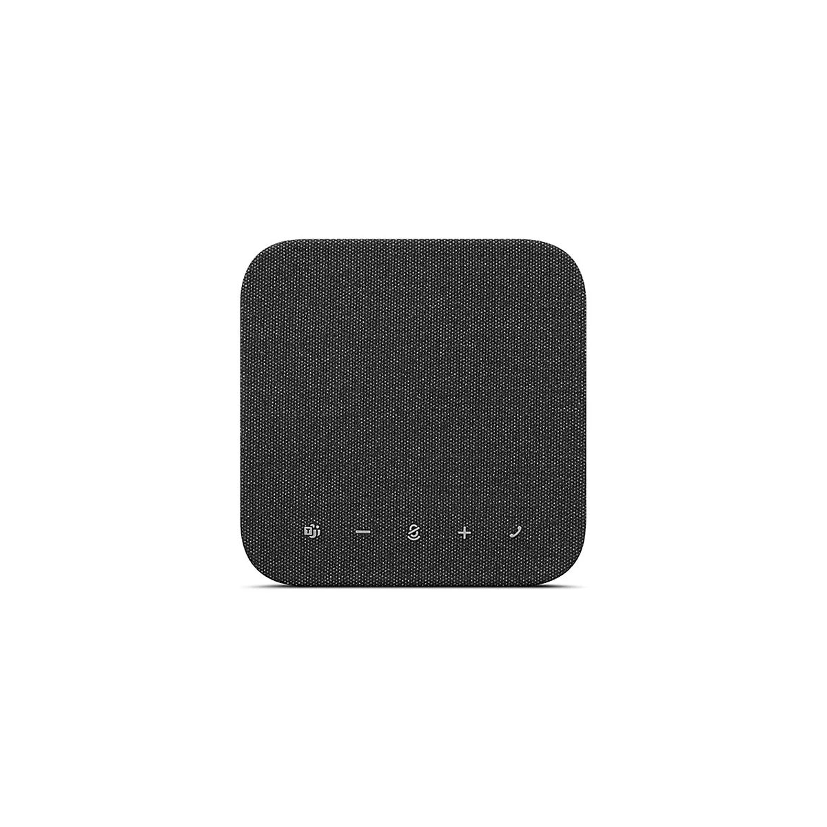 Ein quadratischer Lautsprecher aus dunklem Stoff. Auf der Oberfläche befinden sich Symbole: Mikrofon, Minus, Lautsprecher, Plus, Telefon.