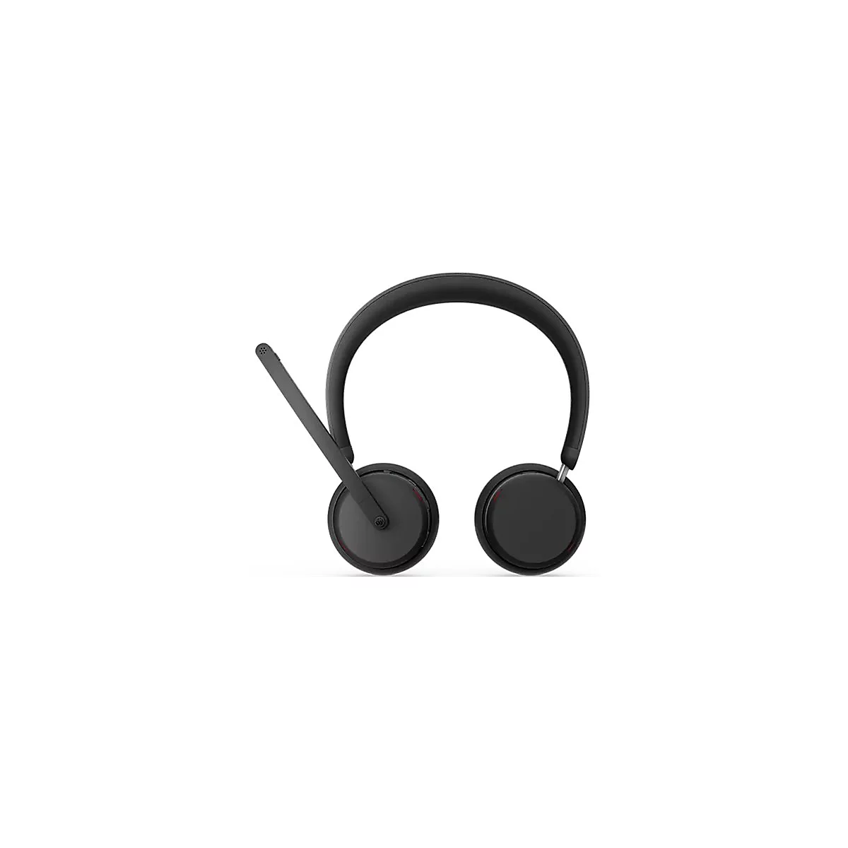 Schwarzes On-Ear-Headset mit verstellbarem Mikrofonarm vor weißem Hintergrund.