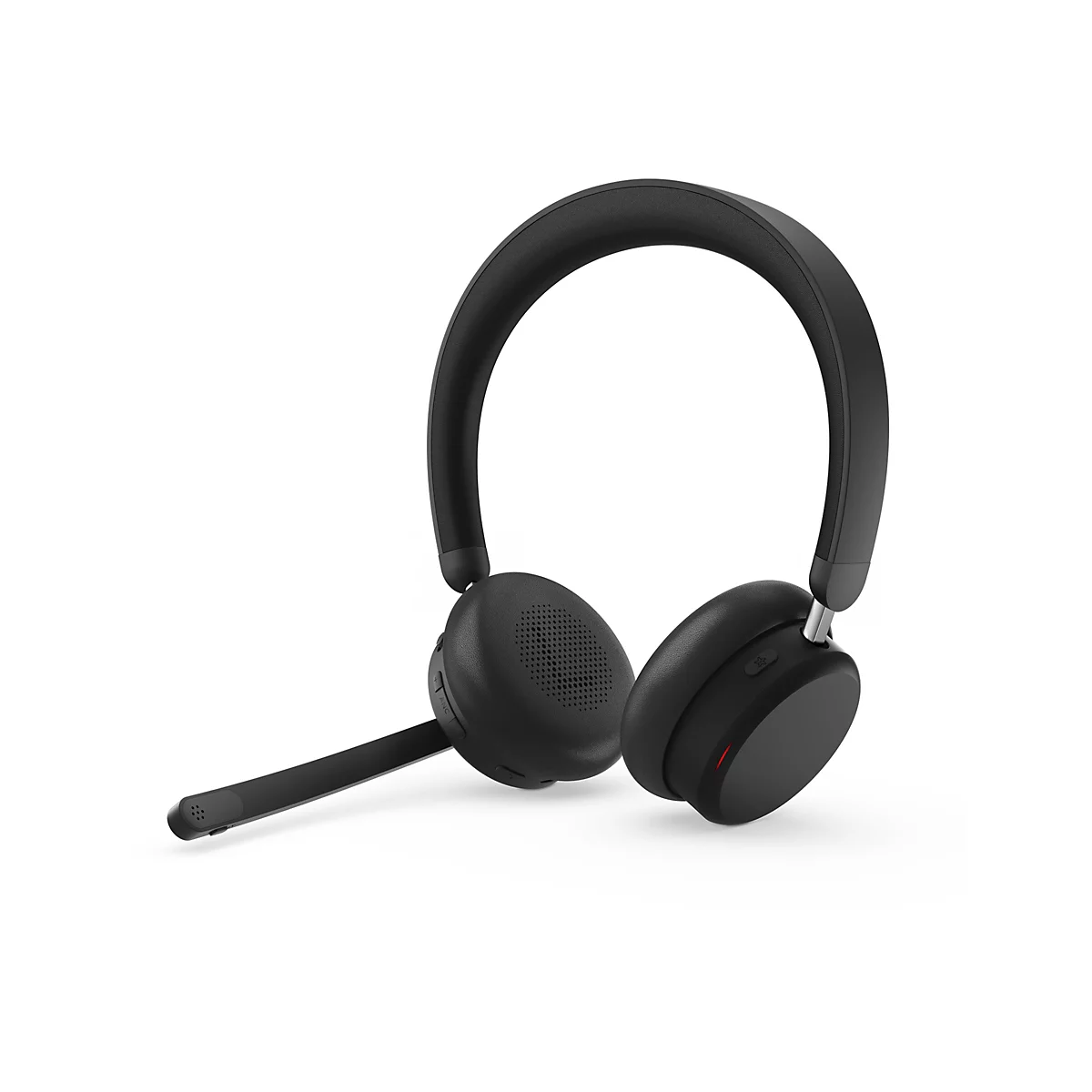 Schwarzes Headset mit Mikrofon auf weißem Hintergrund.