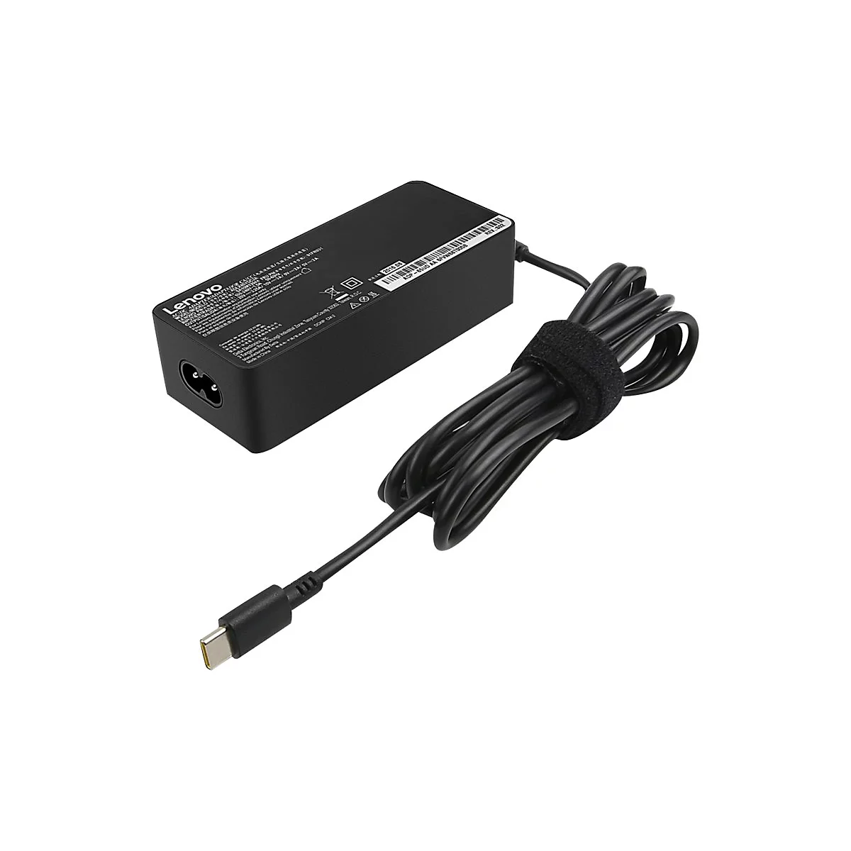 Ein schwarzes Lenovo-Netzteil mit Kabel und USB-C-Anschluss vor weißem Hintergrund.