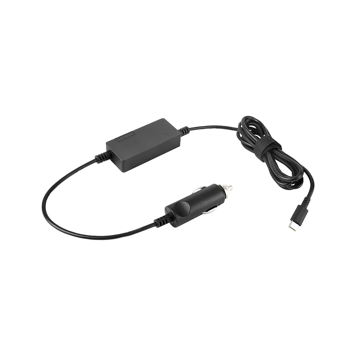 Schwarzes Lenovo-Autoladegerät mit Kabel. Der Stecker ist für den Zigarettenanzünder, der andere Anschluss USB-C.