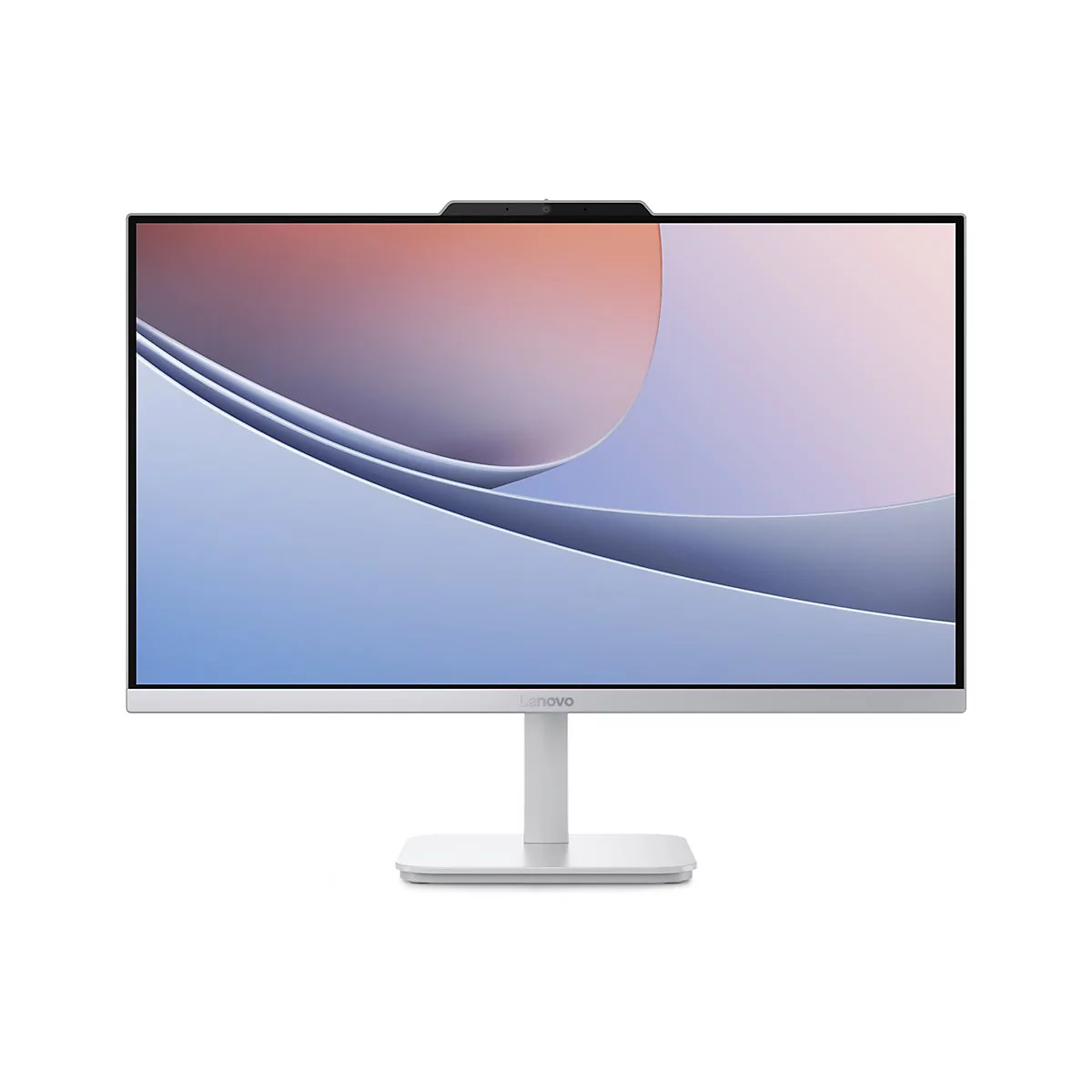 Lenovo Computermonitor in Silber vor weißem Hintergrund mit Webcam am oberen Rand.