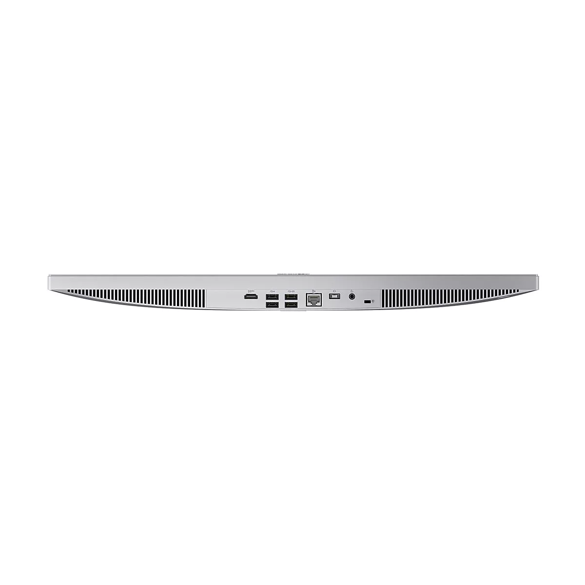 Rückseite eines silbernen Monitors mit zahlreichen Anschlüssen wie USB, HDMI und LAN vor weißem Hintergrund.