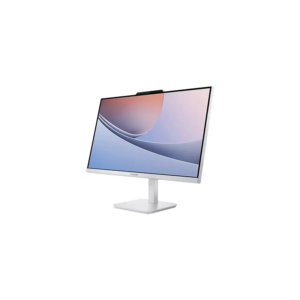 Weißer Lenovo-Monitor mit schlanken Rahmen, leicht angewinkelt, vor weißem Hintergrund. Bildschirm mit Wellenmuster.
