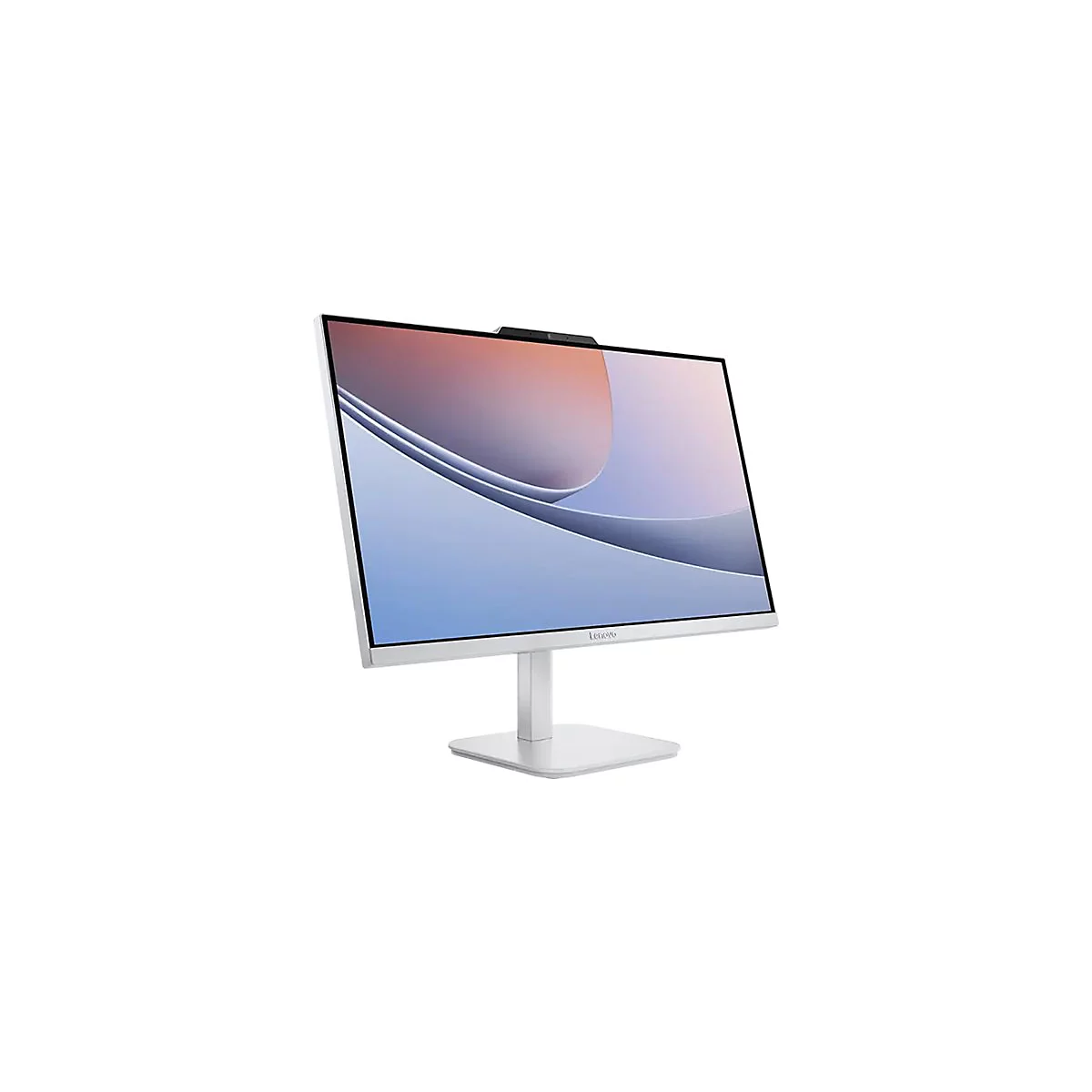 Weißer Lenovo-Monitor mit schlankem Design. Bildschirm zeigt eine blaue und rosafarbene Landschaft. Auf dem Monitor ist Lenovo-Logo zu sehen.