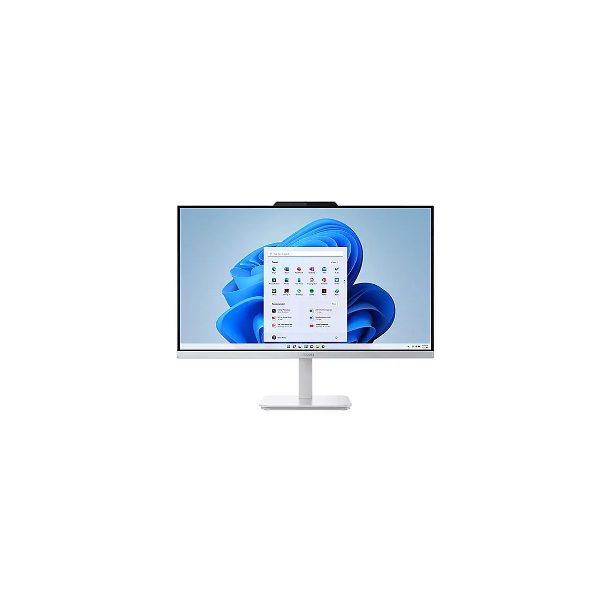 Ein weißer Lenovo-All-in-One-PC mit einem Windows-11-Desktop. Das Display zeigt eine Auswahl von Apps.