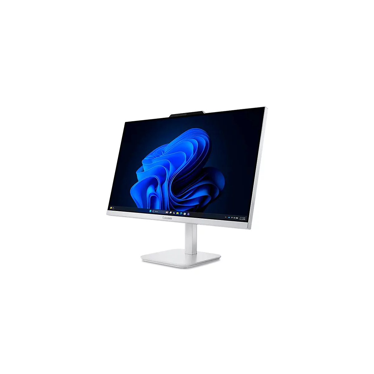 Ein weißer Lenovo All-in-One-PC vor weißem Hintergrund. Der Bildschirm zeigt ein blaues Hintergrundbild.