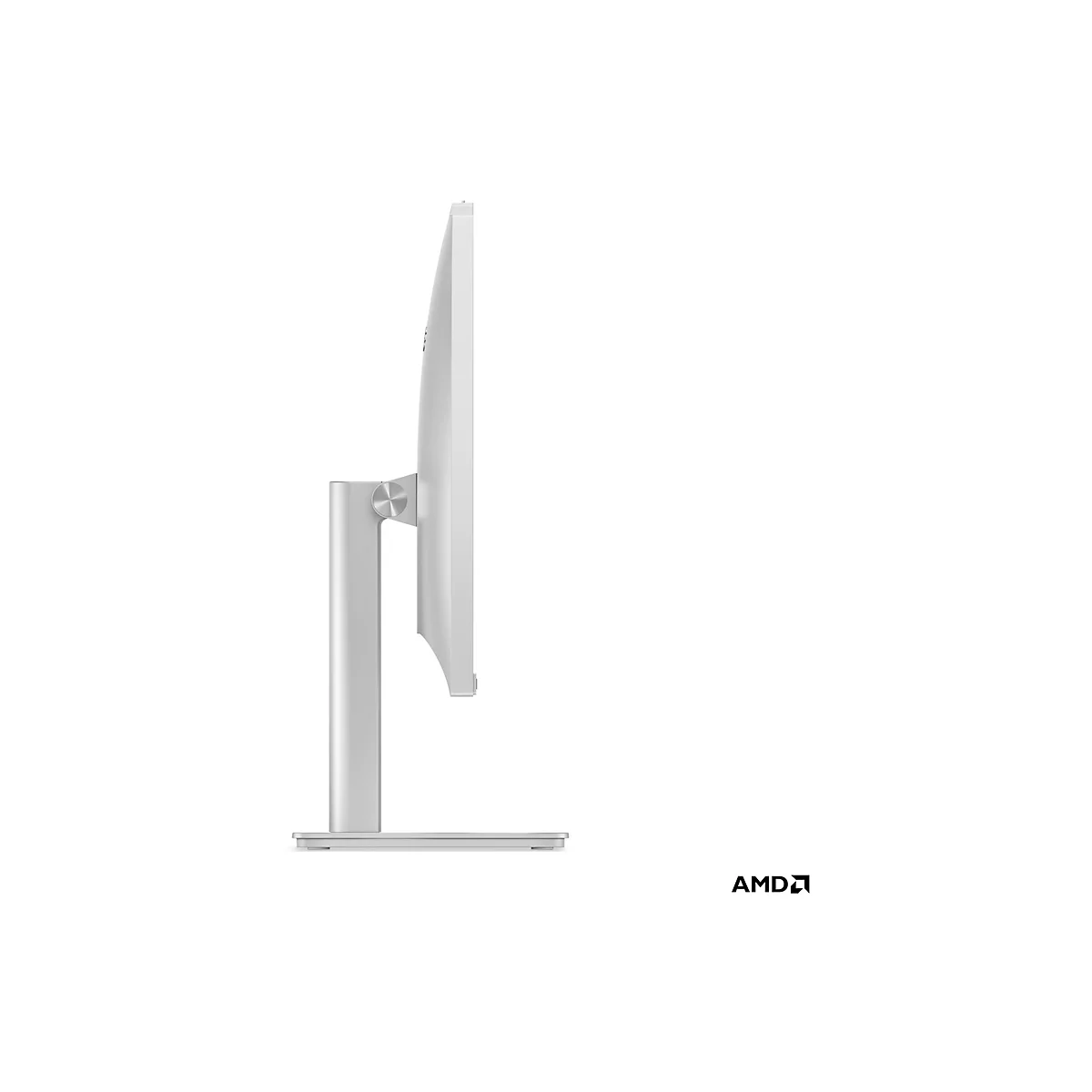 Seitenansicht eines silbernen Monitors auf weißem Hintergrund. Rechts unten AMD-Logo.