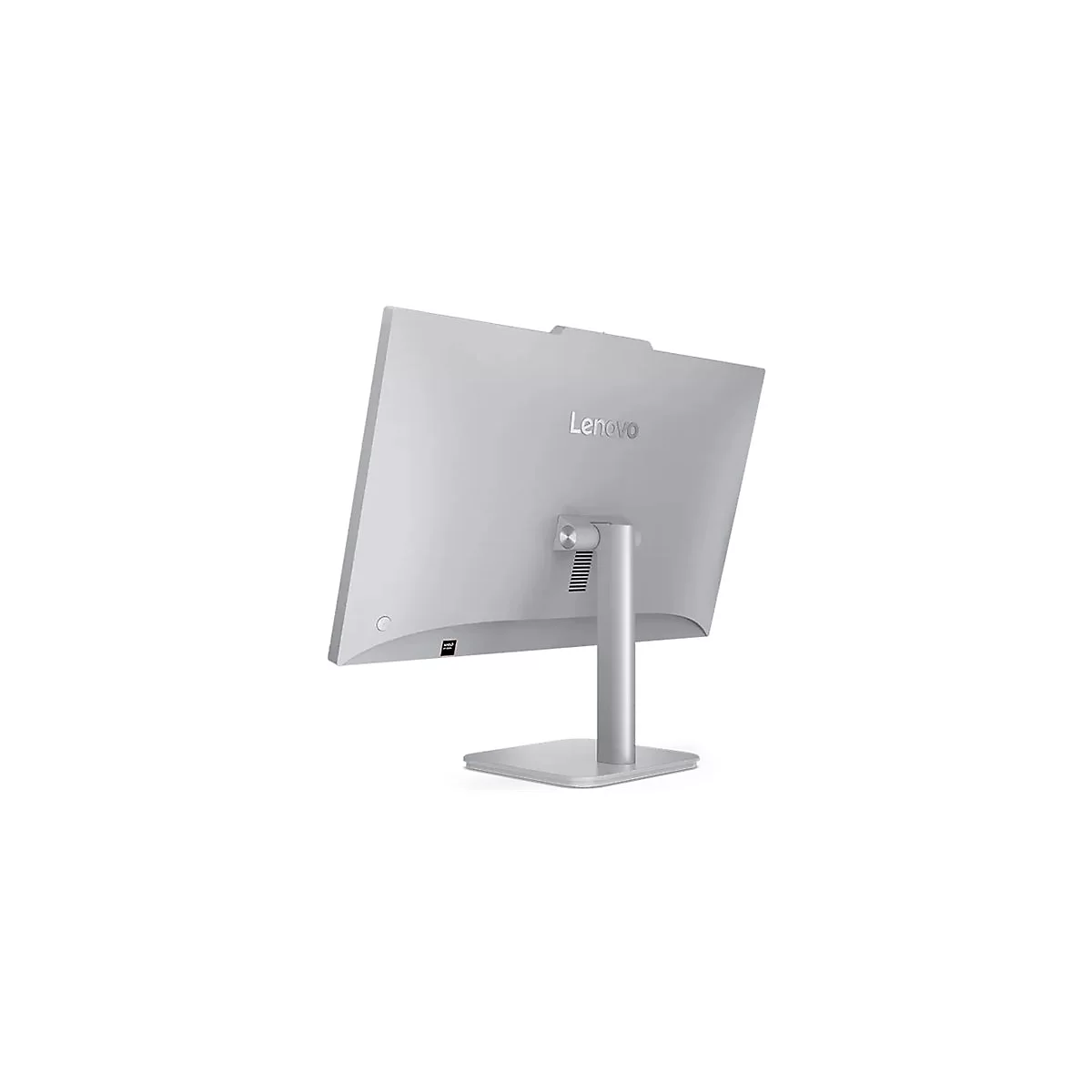 Rückansicht eines silberfarbenen Lenovo-Monitors mit Standfuß. Das Lenovo-Logo ist sichtbar.