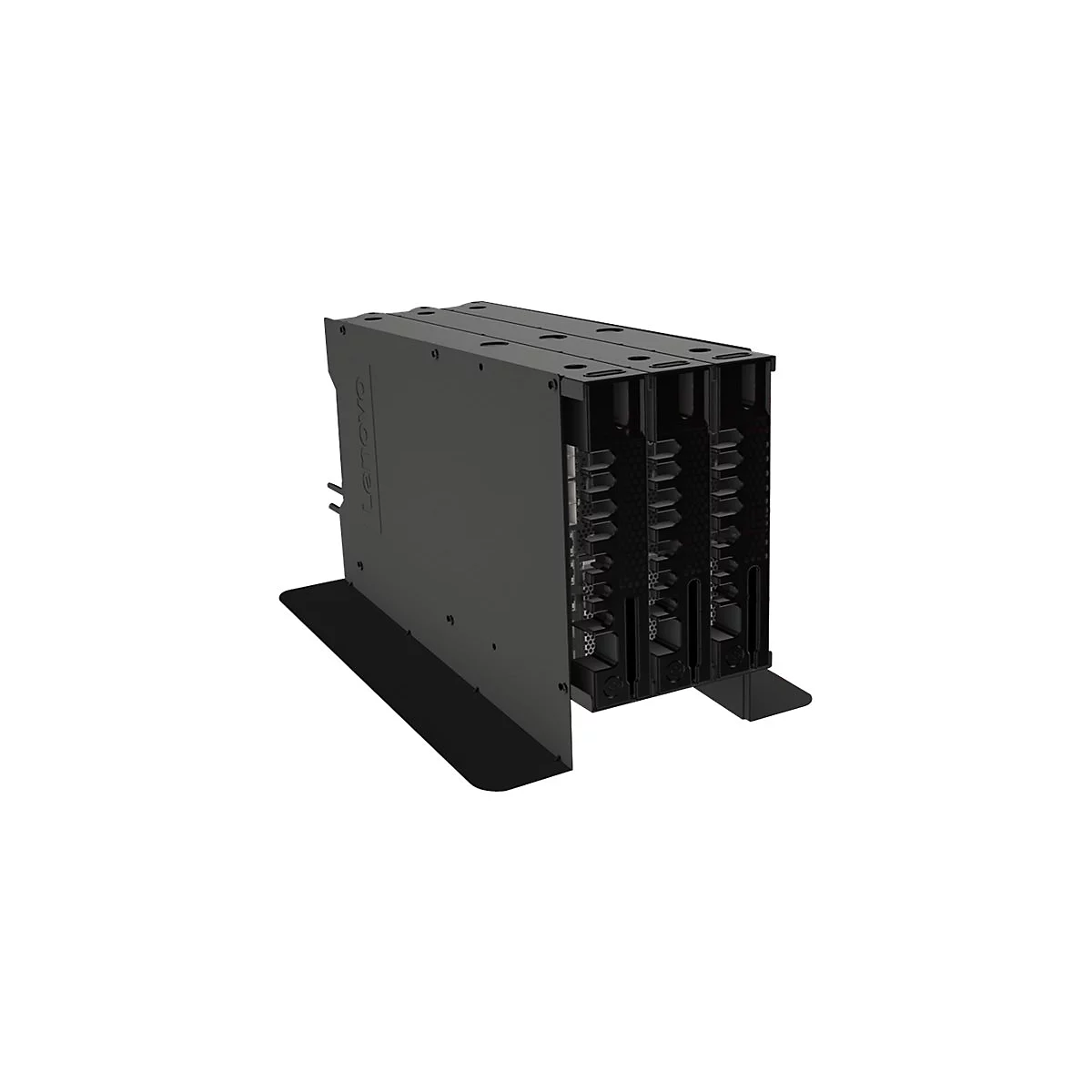 Schwarzes Lenovo Server-Gehäuse mit drei internen Einschüben vor weißem Hintergrund.