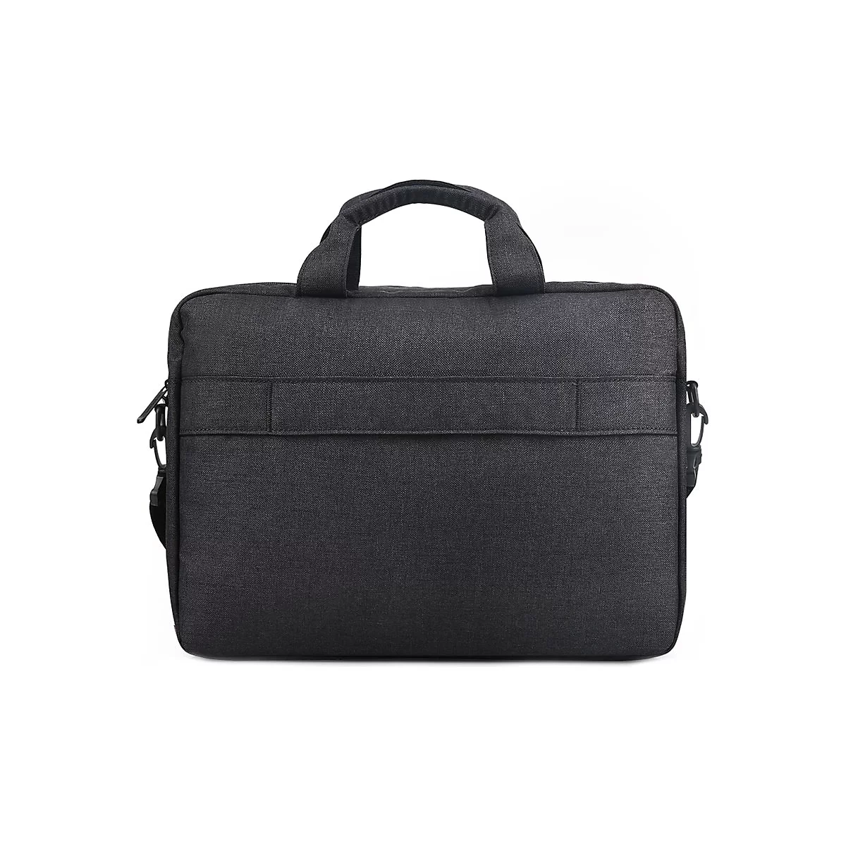 Schwarze Laptoptasche, rechteckig, mit Tragegriffen und Schulterriemen-Befestigung.