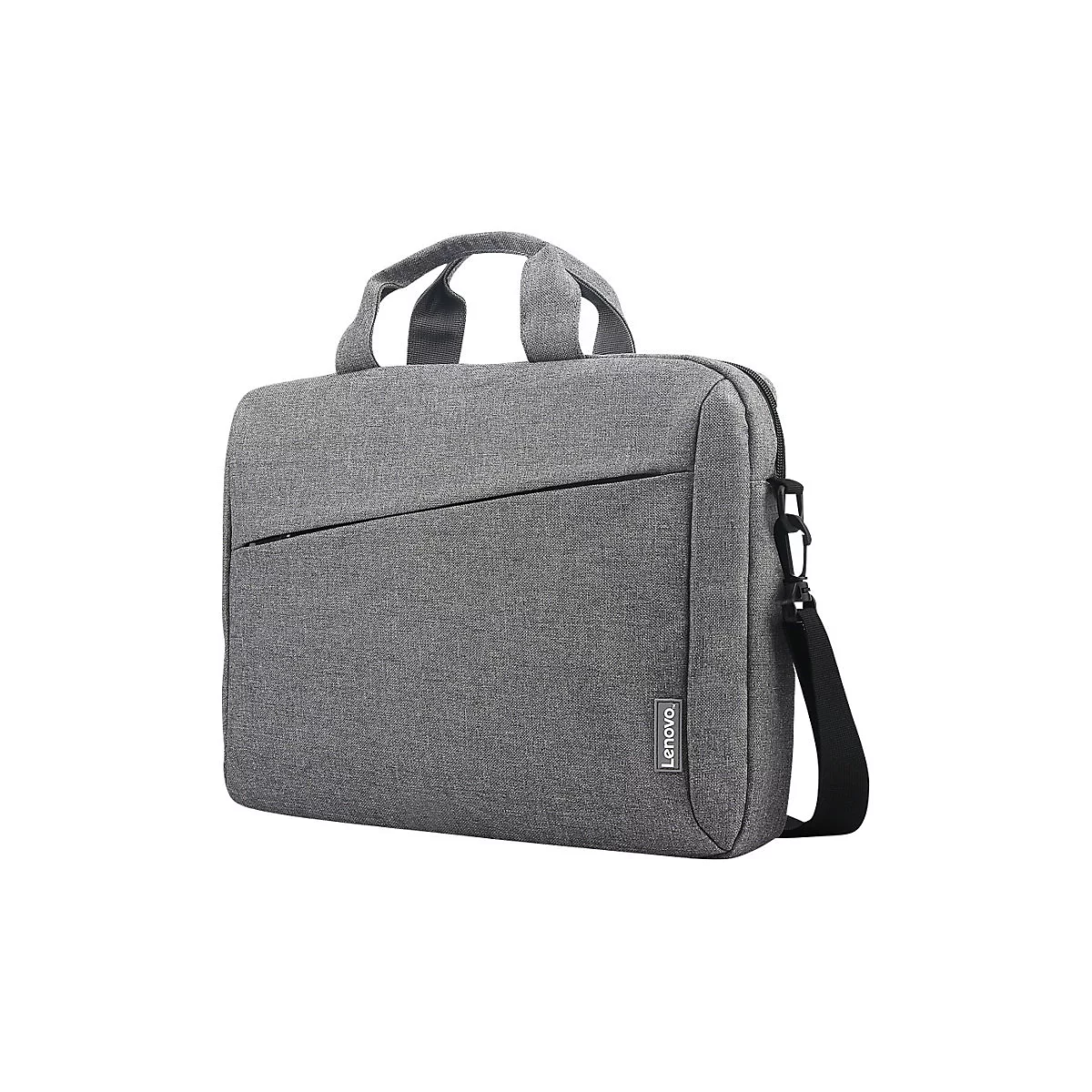 Graue Laptoptasche mit Tragegriff und Schultergurt. Auf der Tasche befindet sich ein Lenovo-Logo.