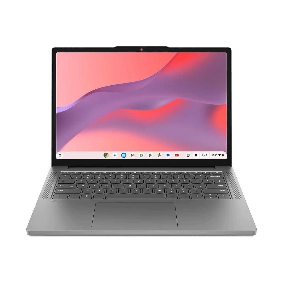 Grauer Laptop mit offenem Display und ChromeOS-Oberfläche, frontal vor weißem Hintergrund.