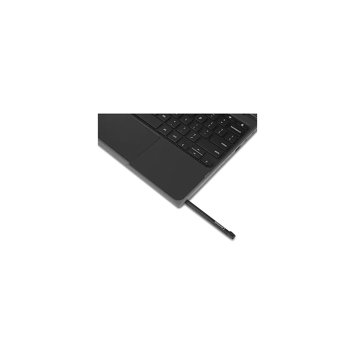 Nahaufnahme einer Lenovo-Laptop-Tastatur mit aus dem Gehäuse herausgezogenem Stylus-Stift.